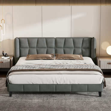 Cama de casal Herning 180x200 cm - Veludo cinzento com cabeceira almofadada