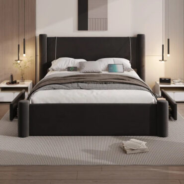 Cama Roskilde 160x200 cm com arrumação - Veludo preto