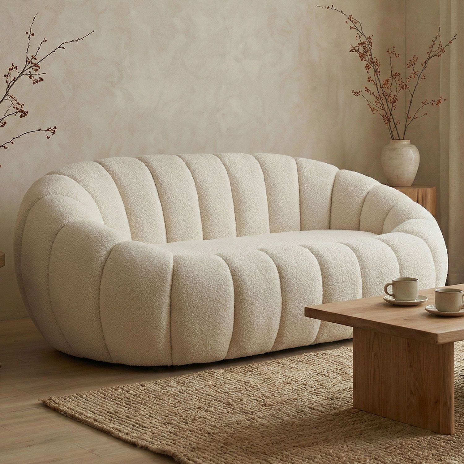 Horsens 2-Seater Sofa – Shell Design, Cream Bouclé Fabric - Imagem 2
