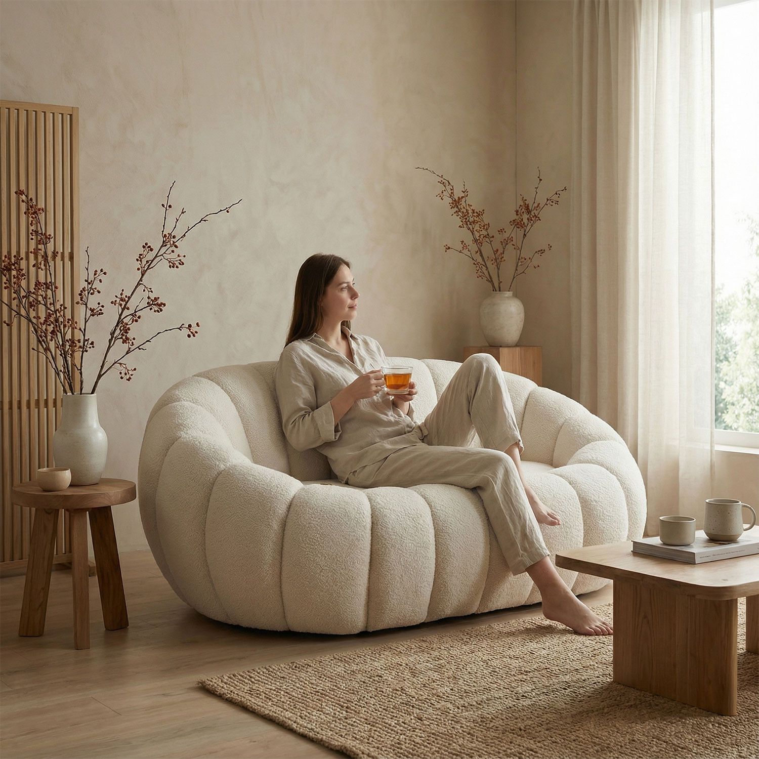 Horsens 2-Seater Sofa – Shell Design, Cream Bouclé Fabric - Imagem 3